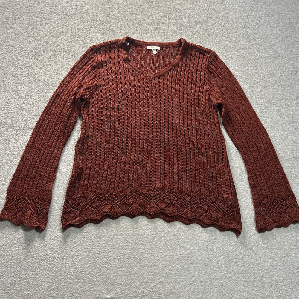 Maurices Sweater Womens Large Rust Crochet Open Knit V-Neck Scalloped Hem Boho